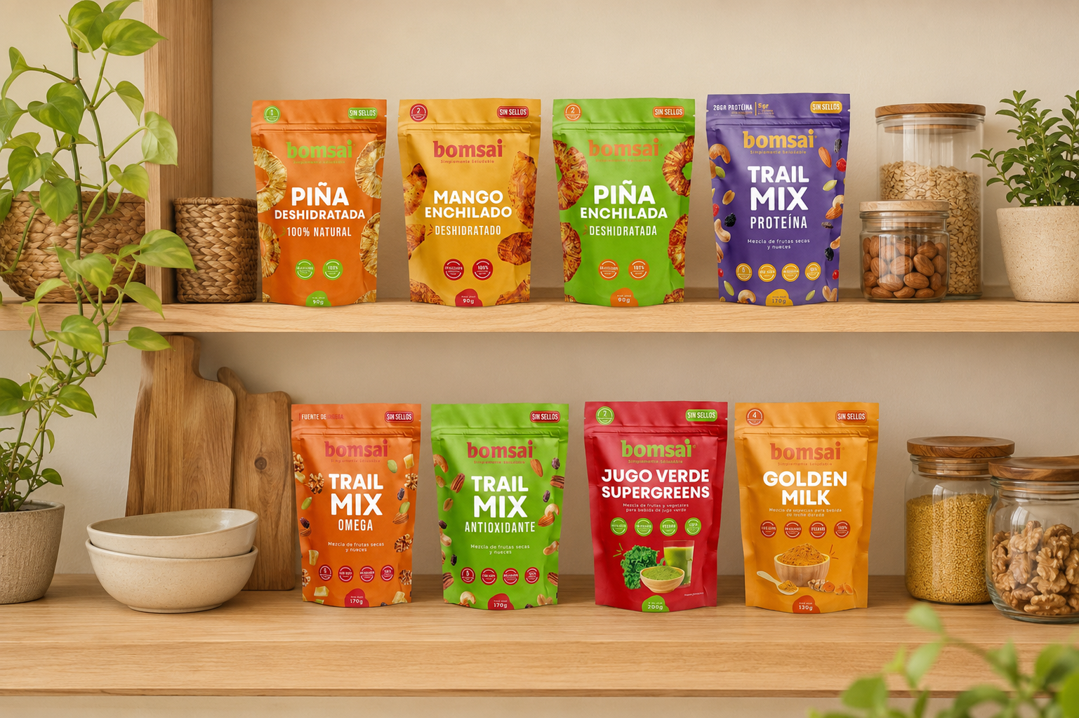 Línea completa de los ocho productos empacados Bomsai